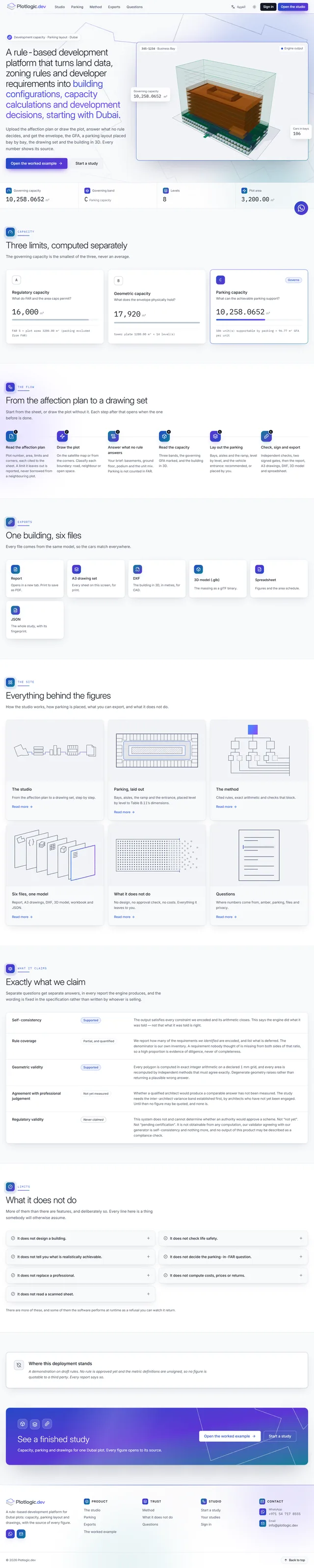 Plotlogic — Dubai Development Capacity Platform homepage screenshot — Business / CRM site built by Khaled Ahmed with React, Three.js, WebGL
