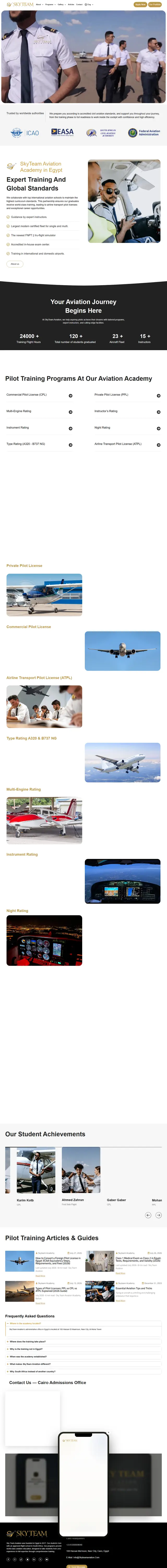لقطة شاشة للصفحة الرئيسية لموقع SkyTeam Aviation — خدمات طيران — تعليم من تطوير خالد أحمد بـ WordPress وWooCommerce وElementor