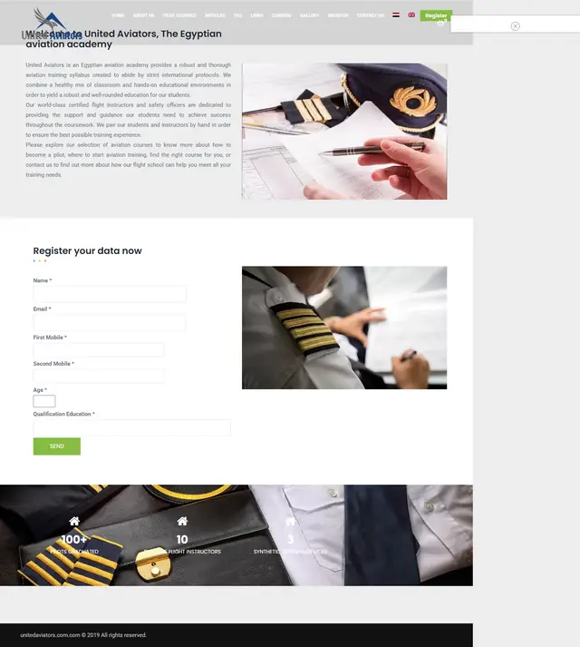 لقطة شاشة للصفحة الرئيسية لموقع United Aviators — أكاديمية تدريب طيارين — تعليم من تطوير خالد أحمد بـ WordPress وWooCommerce وPHP